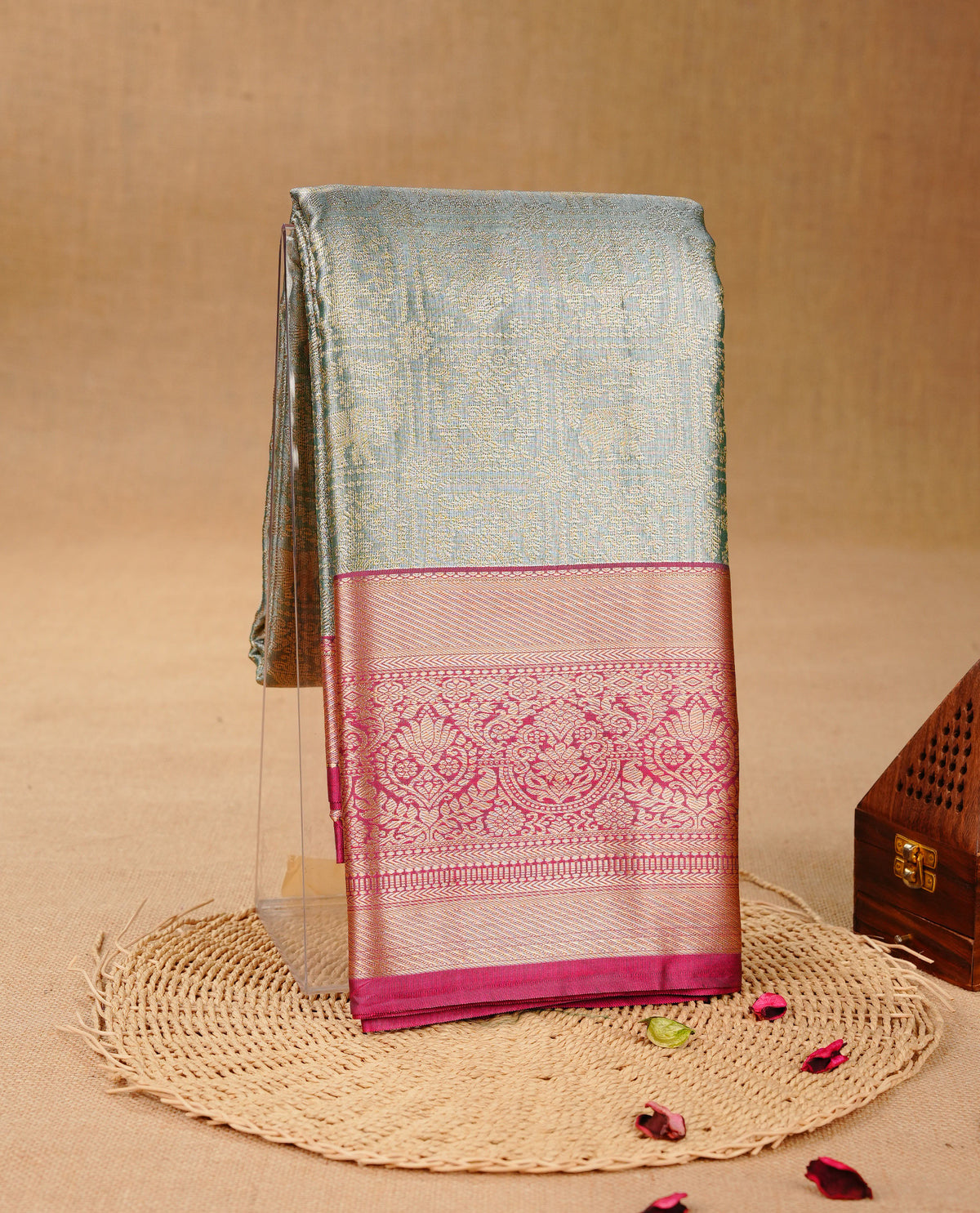 Light Blue & Gold colour Double shade Semi tissue silk saree featuring self color Floral pattern on body, Contrast Burgundy colour with Fancy border, paired with matching.