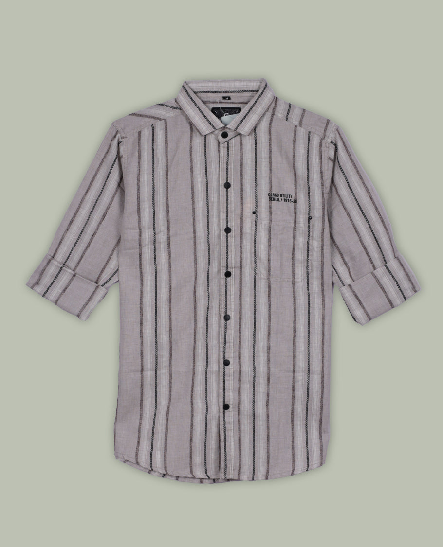 Beige colour shirt in breathable cotton fabric, featuring black and maroon vertical lines & Designed with a classic collar, button front, and full sleeves, it combines casual ease with modern appeal.