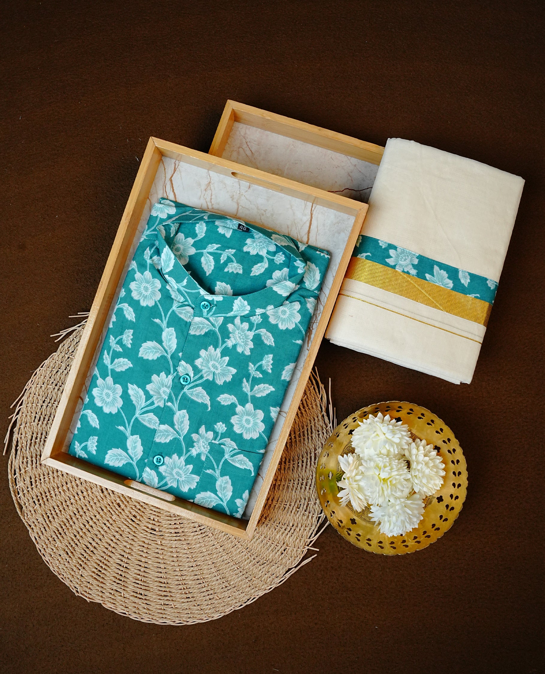 Teal Green Colour Floral Printed Half-Sleeve Shirt, Paired with a Cotton Double Dhoti Featuring Matching Prints.