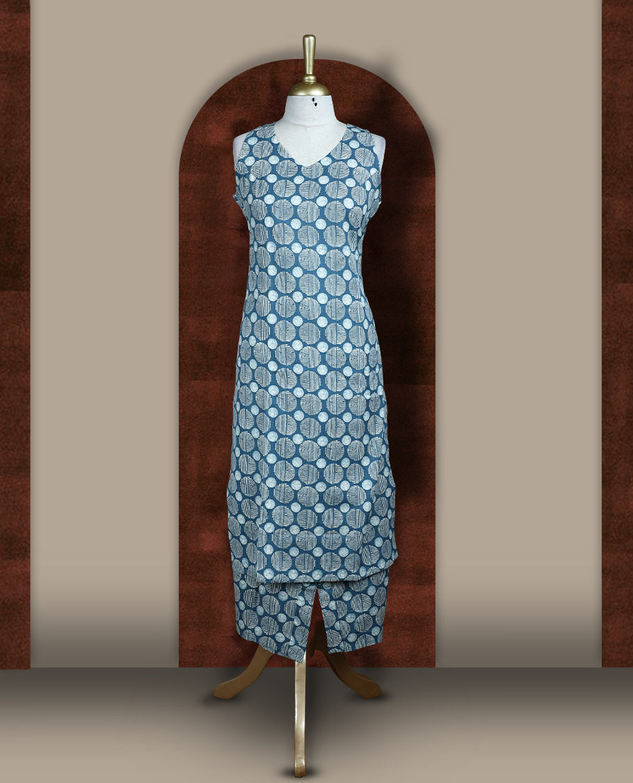 Greyish blue colour coord set crafted in soft fabric, featuring a sleeveless V neck top with geometric circular prints, paired with a matching straight fit bottom.