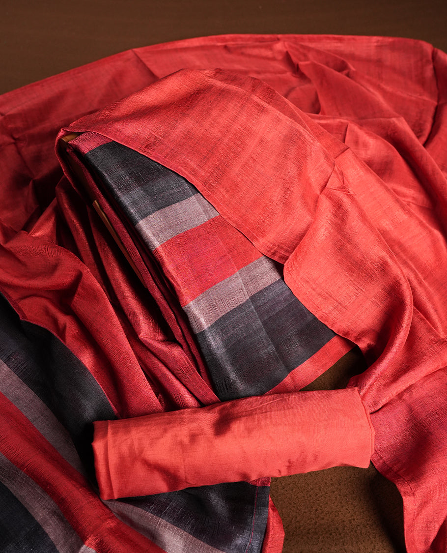 Red colour churidhar material featuring elegant horizontal stripes on the yoke and dupatta, woven in shades of Black and Red & Paired with a matching plain bottom