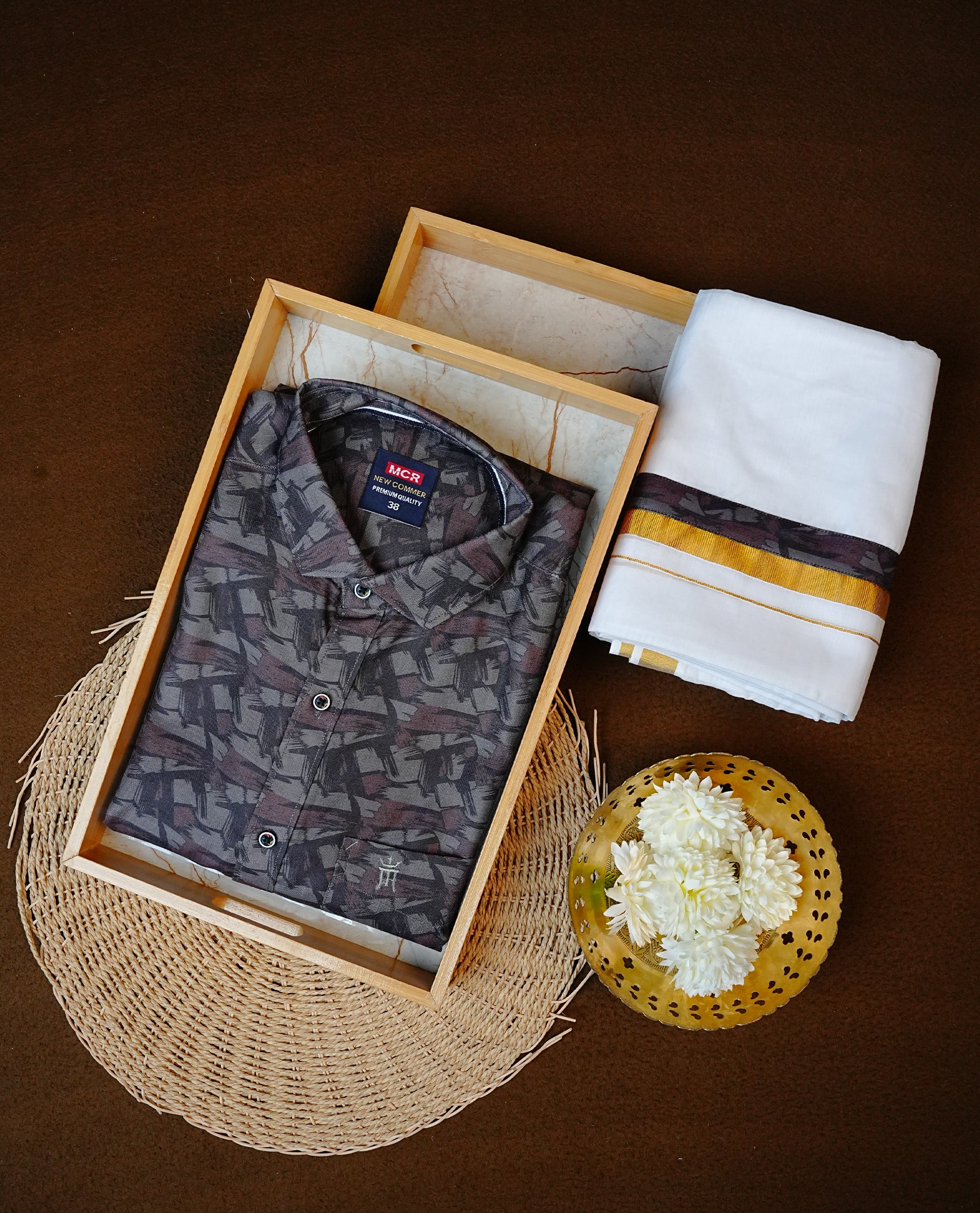 Greyish Green Colour Full-Sleeve Shirt with Digital Prints, Paired with a Cotton Double Dhoti Featuring Matching Prints.