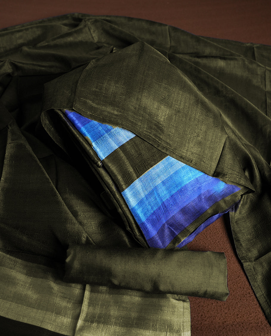 Seaweed colour churidhar material featuring elegant horizontal stripes on the yoke and dupatta, woven in shades of Blue and Green & Paired with a matching plain bottom