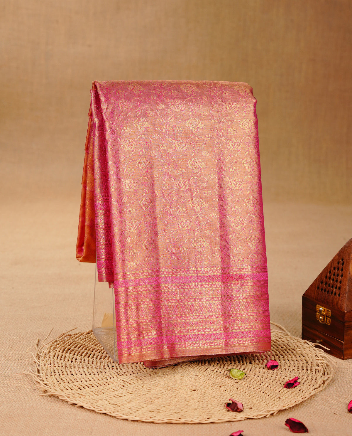 Pink & Gold colour Double shade Semi tissue silk saree featuring self color kodi pattern on body, self colour with Fancy border, paired with matching.