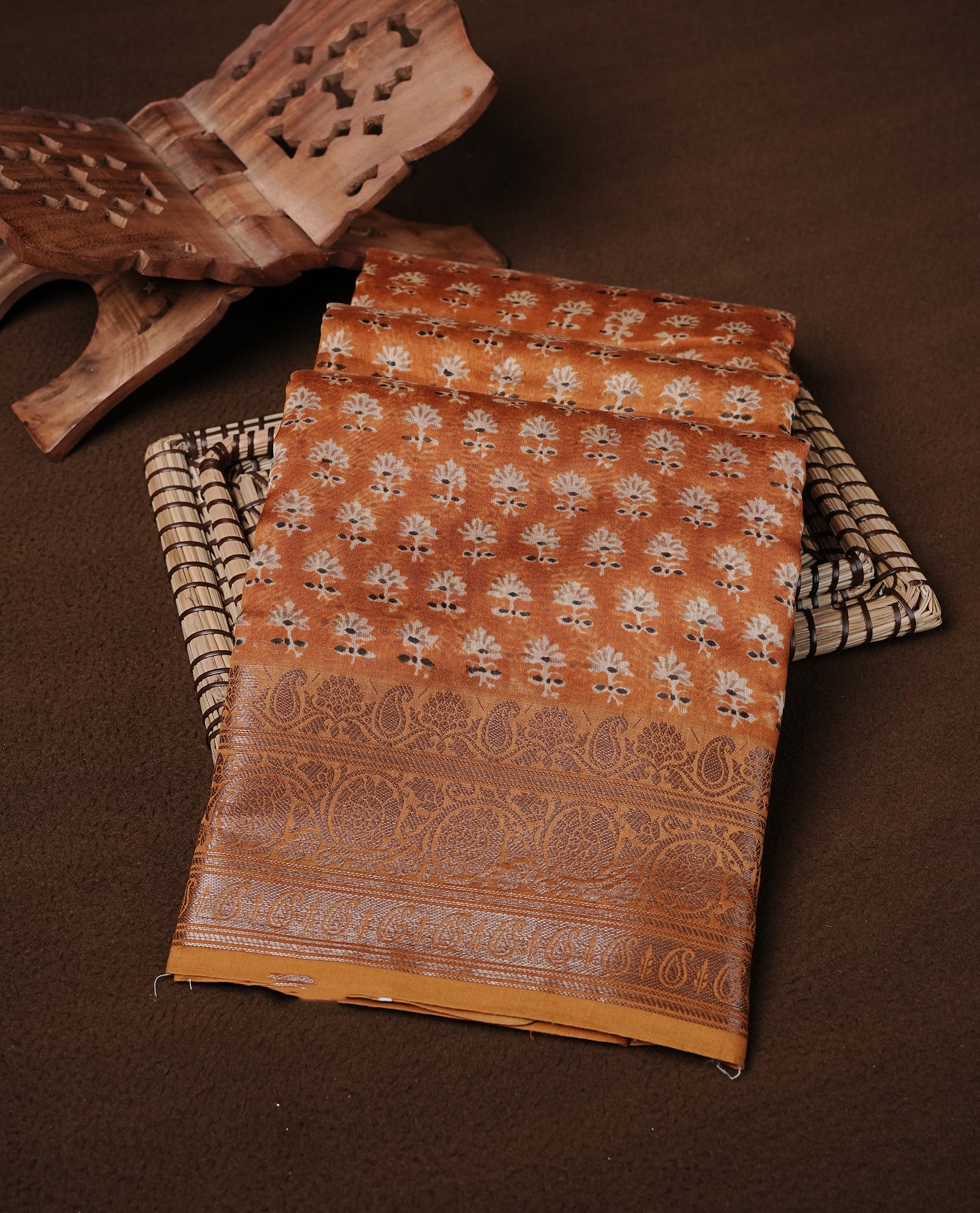 Mustard Colour Chanderi Silk Saree Featuring Floral Print On Body, Complemented by Self Colour with Antique Zari Border, Paired With Matching blouse Piece.