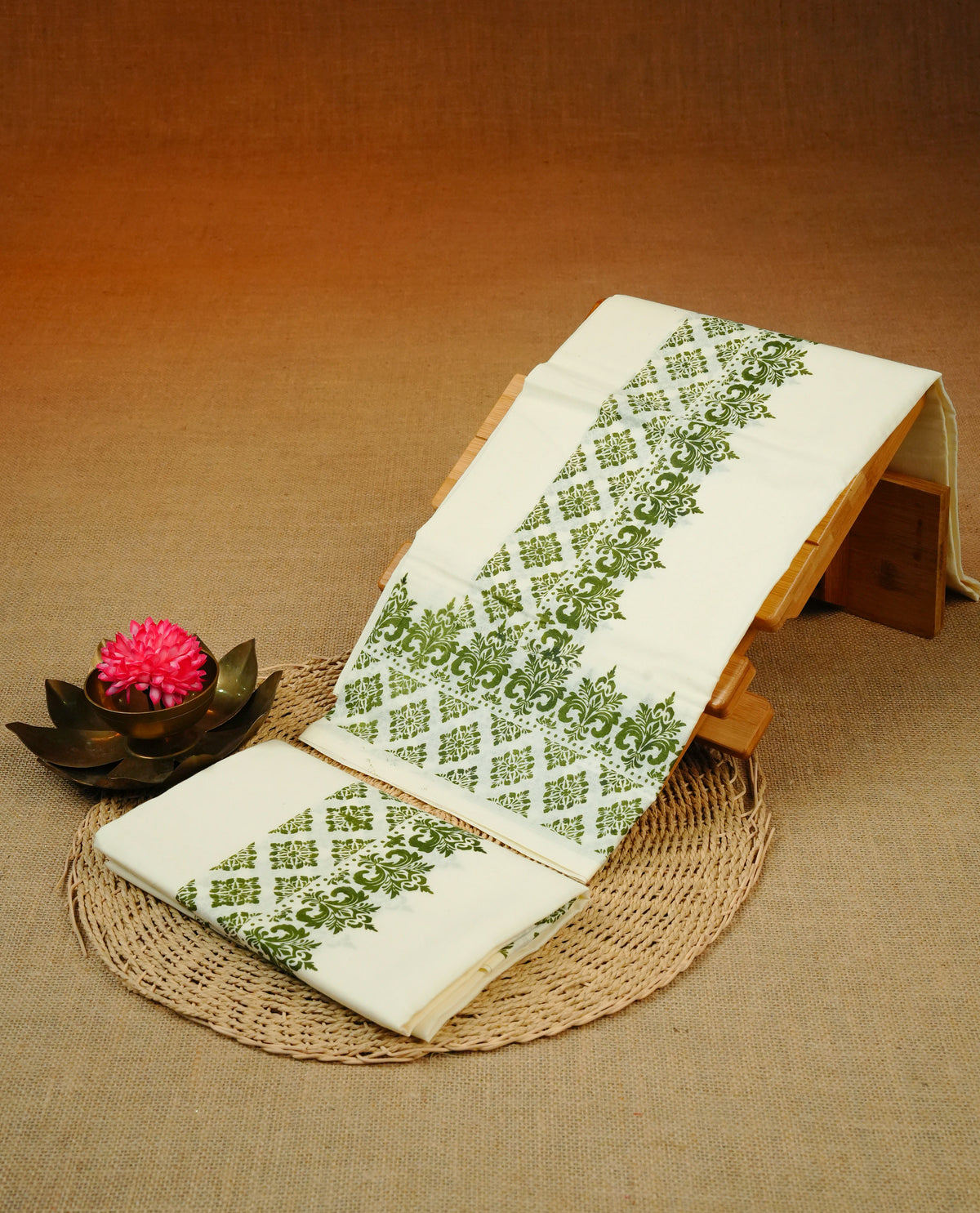 Cream colour Cotton set mundu With plain, Featuring Design printed kara.