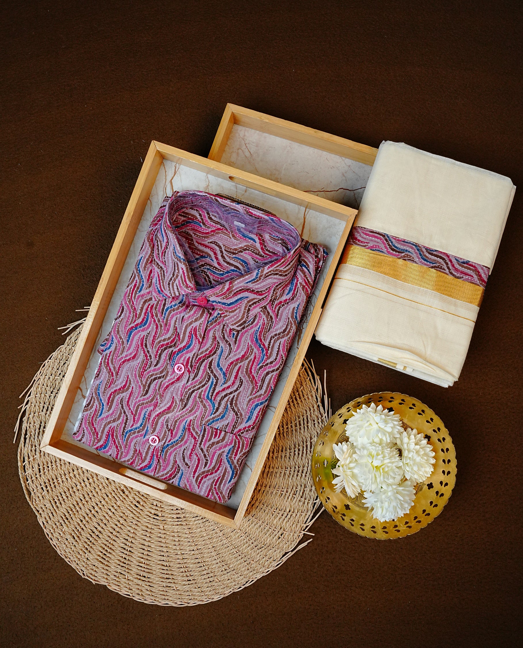 Wine Red Colour Wave Printed Full Sleeve shirt With Cotton Double Dhoti having Matching Prints