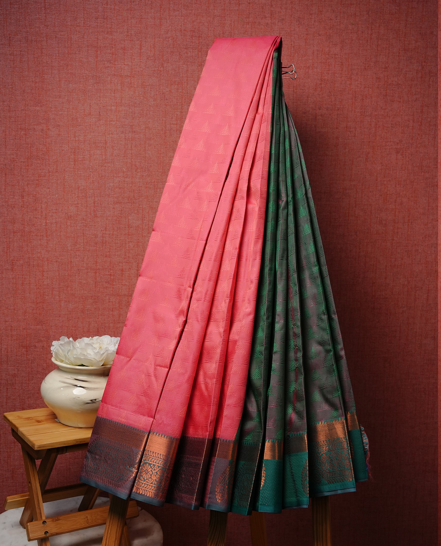 Mauve colour Semi silk saree Featuring Selfcolour zari Pattern on body, complemented by Contrast Teal colour with gold zari border, paired with matching blouse piece.