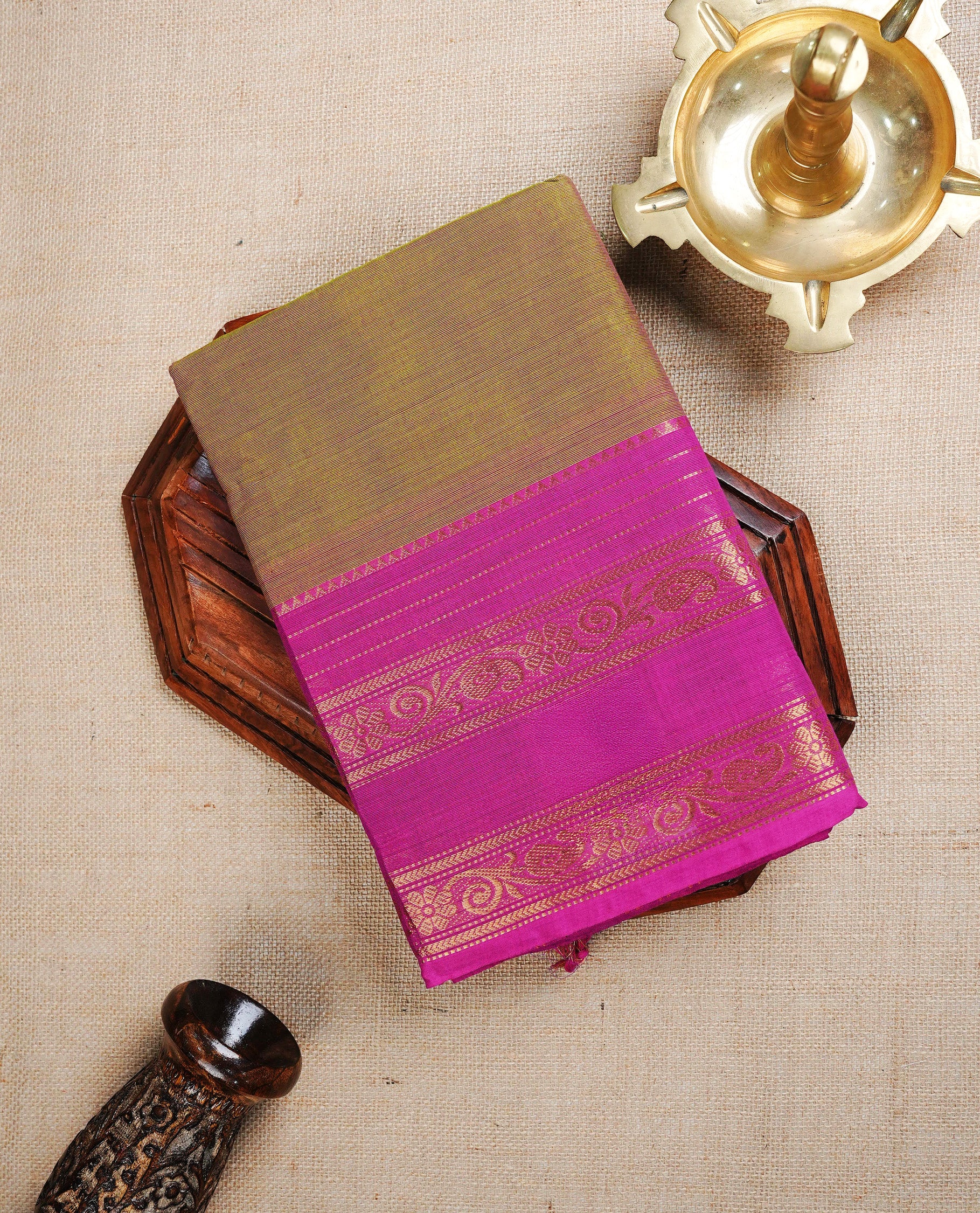 Olive & Pink Dual colour chettinad cotton saree featuring Plain body, complemented by Contrast Pink Colour With Gold Zari border, paired with matching blouse piece.