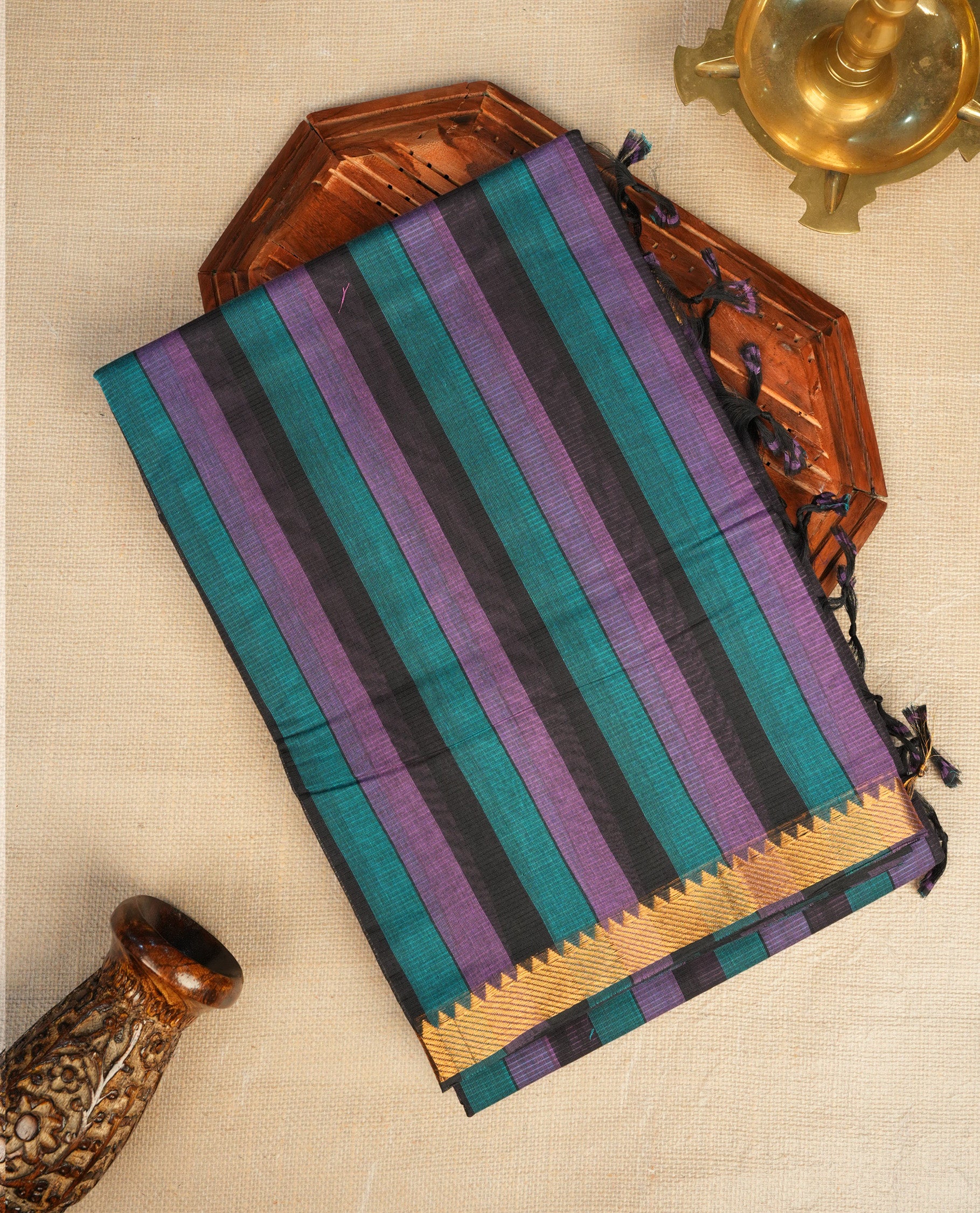 Black Colour Mangalagiri cotton saree Featuring with teal and purple stripes, complemented by an antique zari border & Pallu.Paired with a matching blouse piece