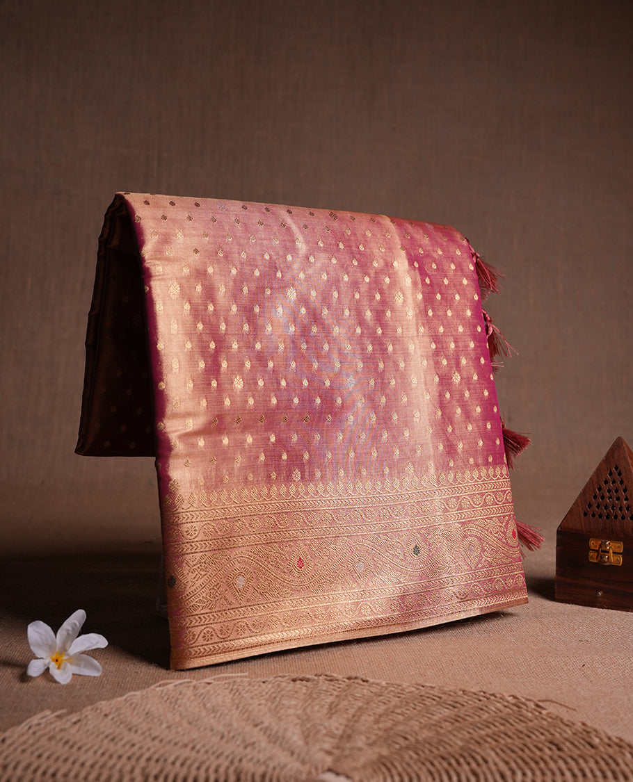 Peach & Gold double shade colour tissue banaras silk saree featuring antique gold zari motifs on the body with rich traditional zari border and pallu, paired with a matching blouse piece.