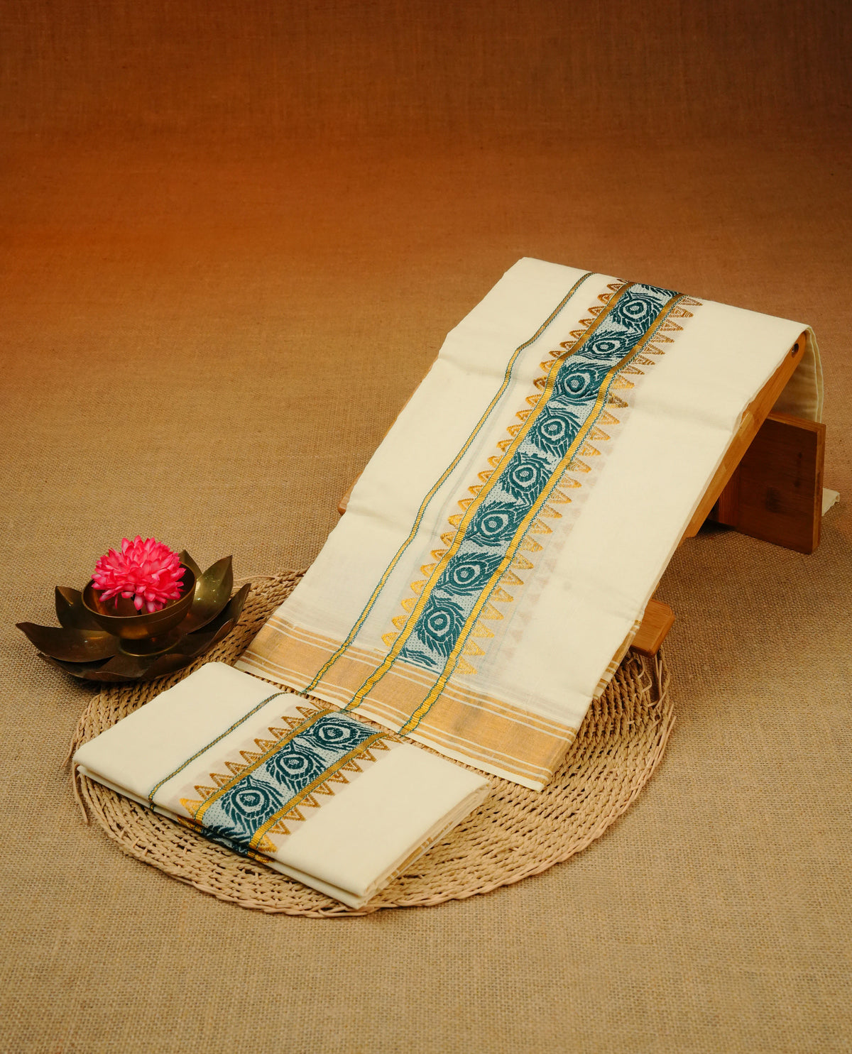 Cream colour cotton Set Mundu With Plain body, enhanced with green & Gold kasavu kara.