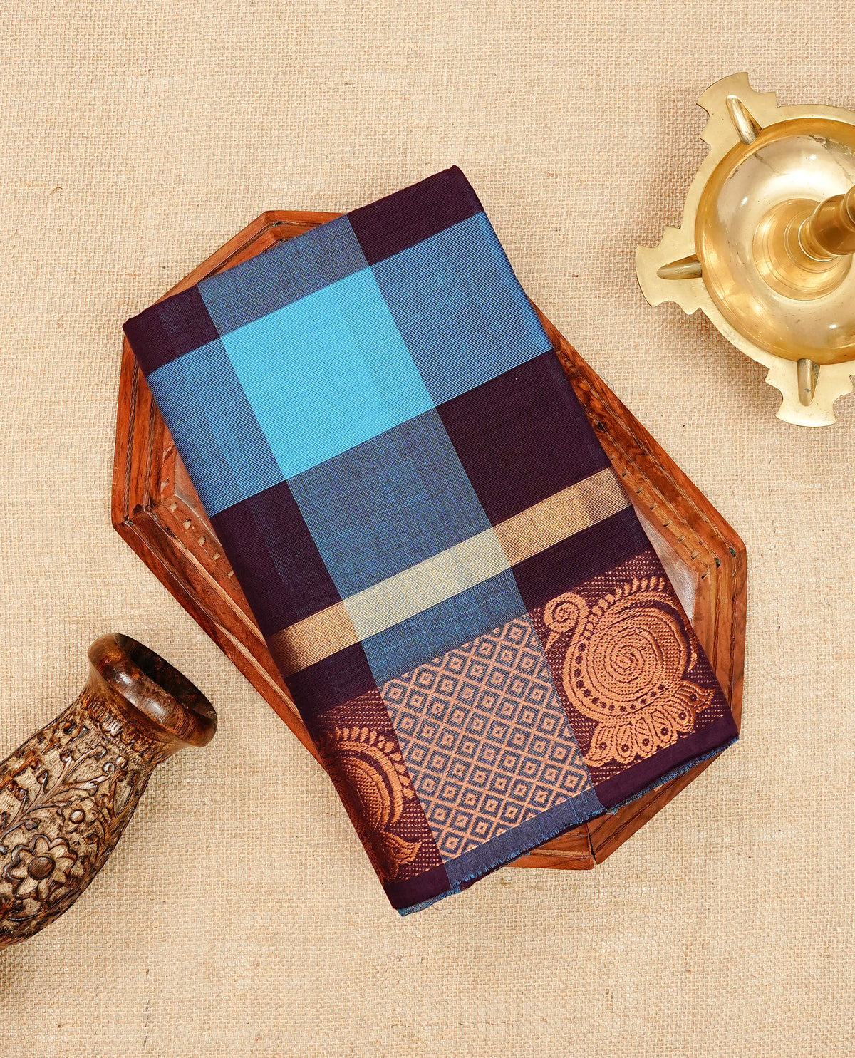 Grape & Blue colour chettinad cotton saree featuring check pattern on body, complemented by Self Colour with Copper zari border, comes with matching blouse piece.