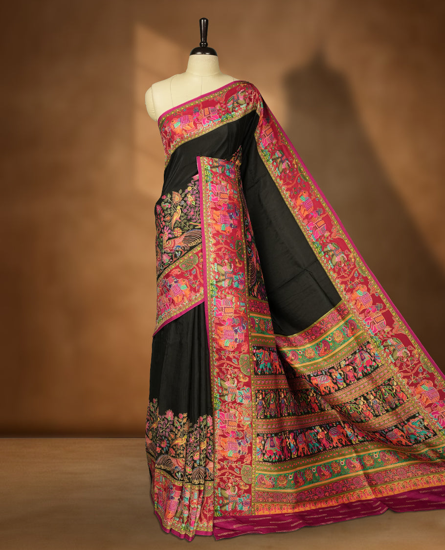 Black Pashmina Silk Saree with Plain Body, Rich Multicolor Embroidered Elephant, Peacock, and Procession Motifs on Vibrant Pink-Green Zari Border & Grand Pallu, Paired with Matching Blouse Piece