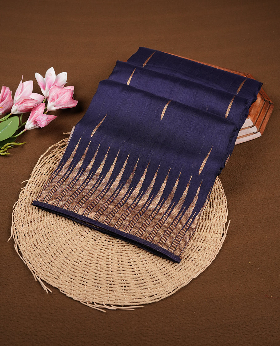 Purple colour semi banaras tussar georgette saree featuring antique gold zari buttas on body, temple pattern on border and floral pattern on pallu, paired with matching blouse piece.