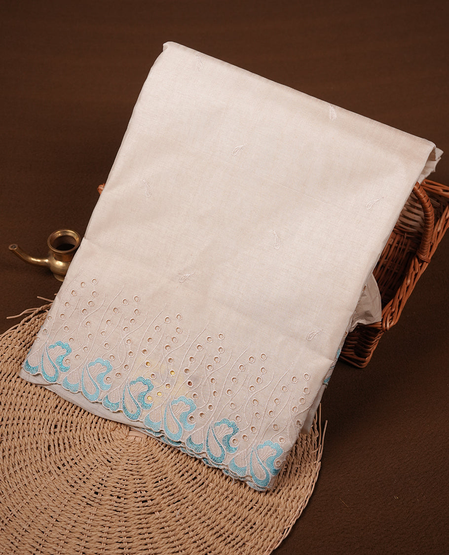 Beige colour Tussar silk saree featuring Elegant plain body, highlighting Blue colour thread worked scalp border, pallu and paired with matching blouse piece.