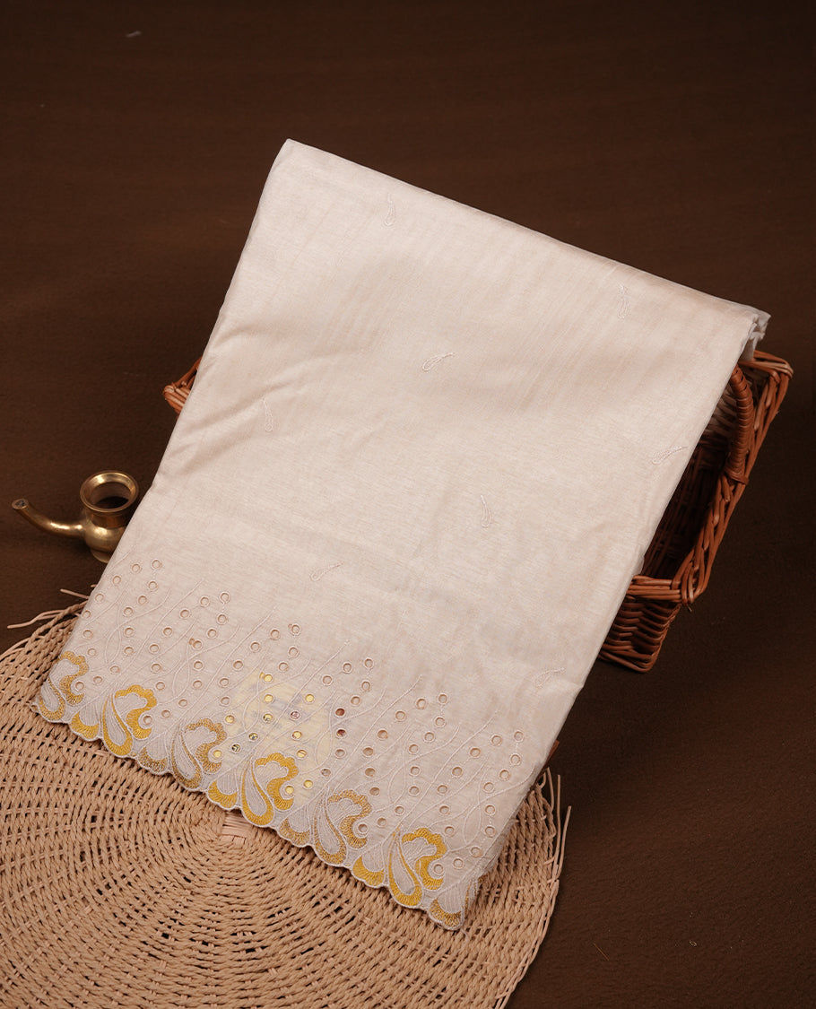 Beige colour Tussar silk saree featuring Elegant plain body, highlighting Yellow colour thread worked scalp border, pallu and paired with matching blouse piece.