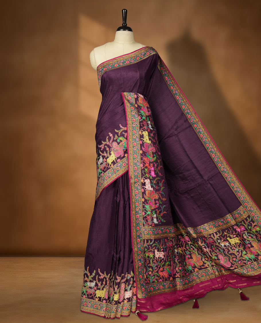 Plum Purple Pashmina Silk Saree with Plain Body, Intricate Multicolor Embroidered Paisley and Floral Motifs on Contrasting Green-Pink Zari Border & Pallu, Paired with Matching Blouse Piece