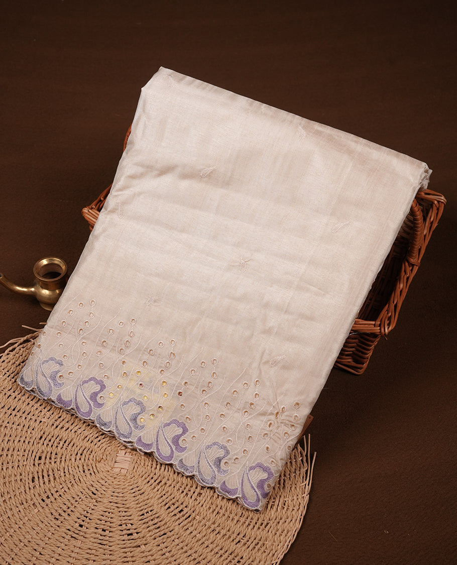 Beige colour Tussar silk saree featuring Elegant plain body, highlighting Lavender colour thread worked scalp border, pallu and paired with matching blouse piece.