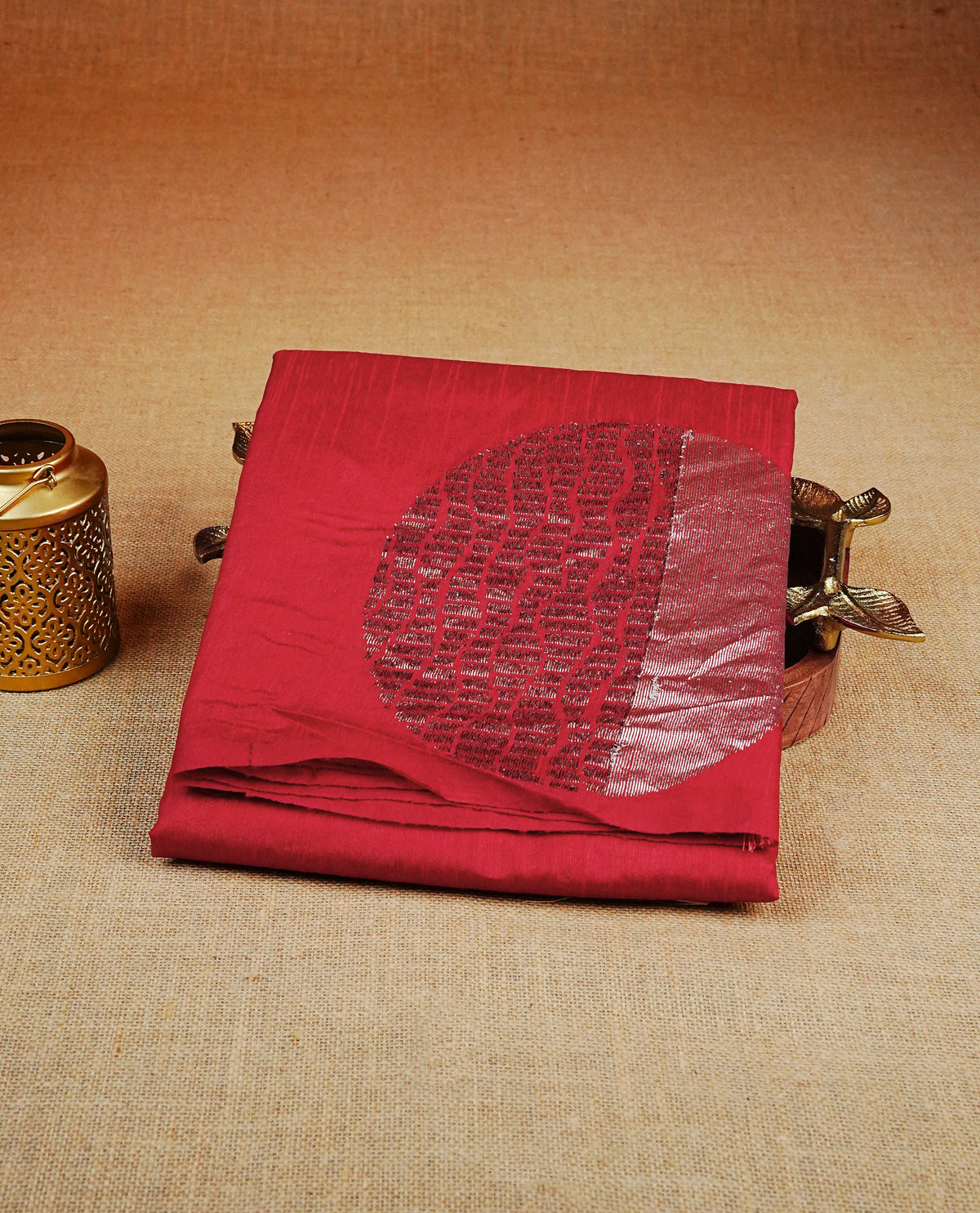 Red colour semi tussar silk saree featuring bold thread polka dot body, no specific border, comes with matching blouse piece