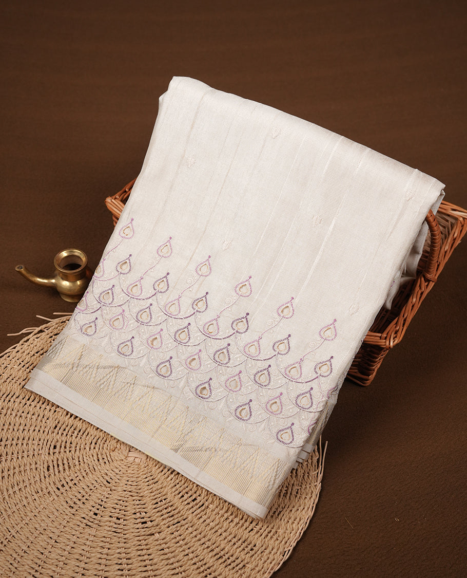 Beige colour Tussar silk saree featuring Elegant plain body, highlighting Purple colour cut work with Light gold zari border, pallu and paired with matching blouse piece.