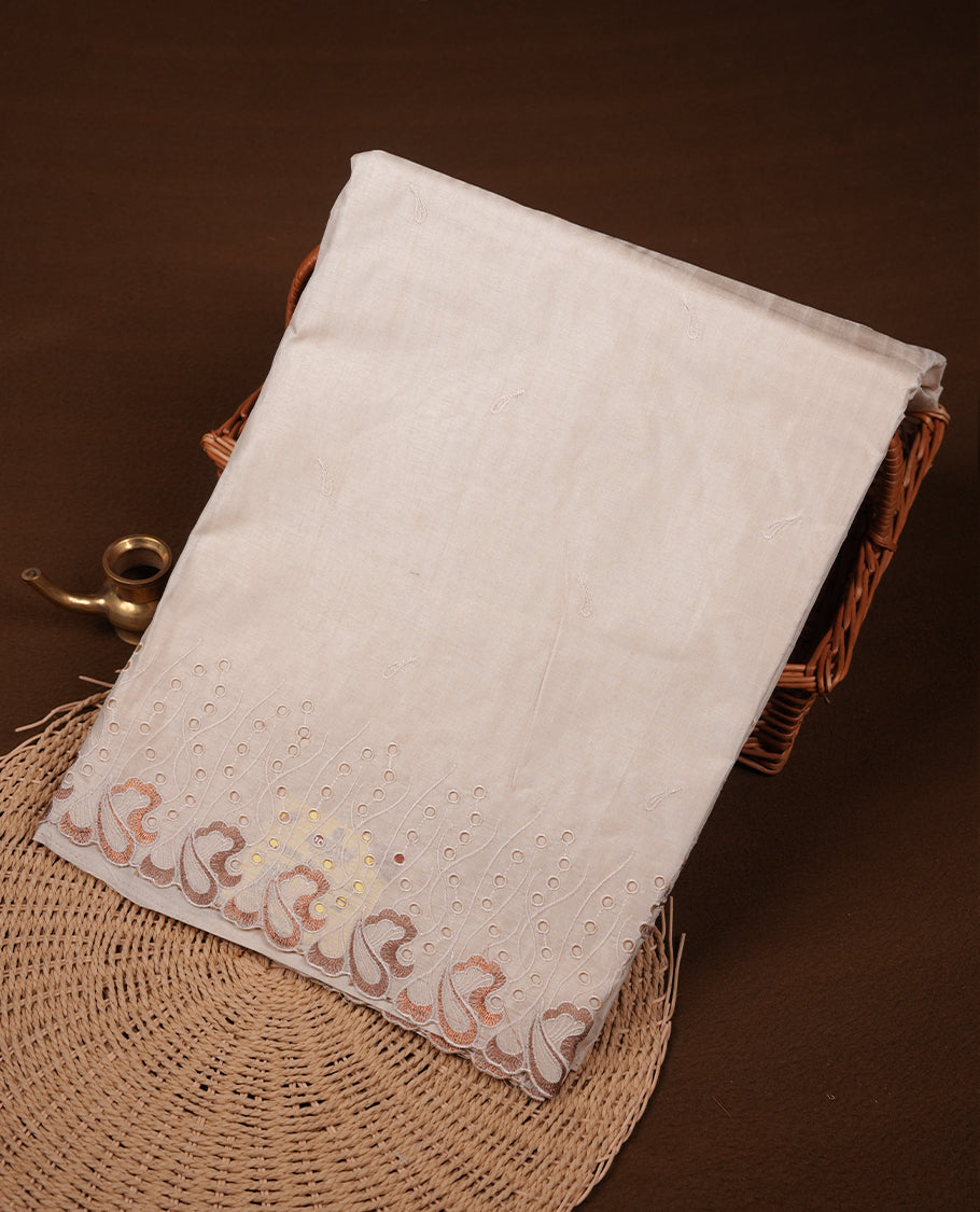 Beige colour Tussar silk saree featuring Elegant plain body, highlighting Brown colour thread worked scalp border, pallu and paired with matching blouse piece.