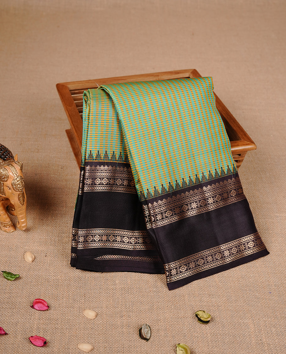 Yellow & green colour traditional kancheepuram silk saree featuring check pattern on body, complemented by contrast deep purple colour with gold zari traditional border, paired with matching blouse piece.