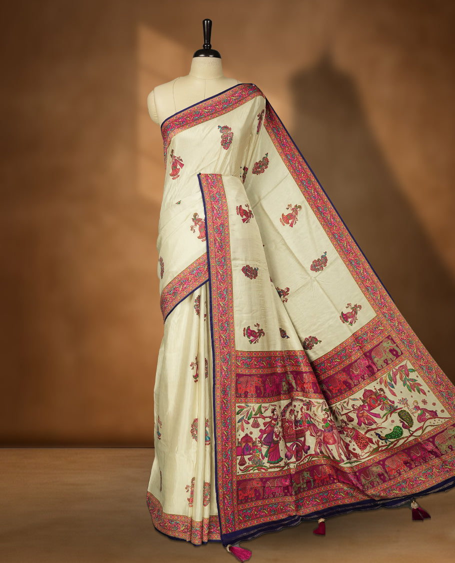 Cream Pashmina Silk Saree with Multicolor Kashmiri Embroidered Dancer and Peacock Motifs, Contrasting Pink-Blue Floral Zari Border, and Matching Blouse Piece