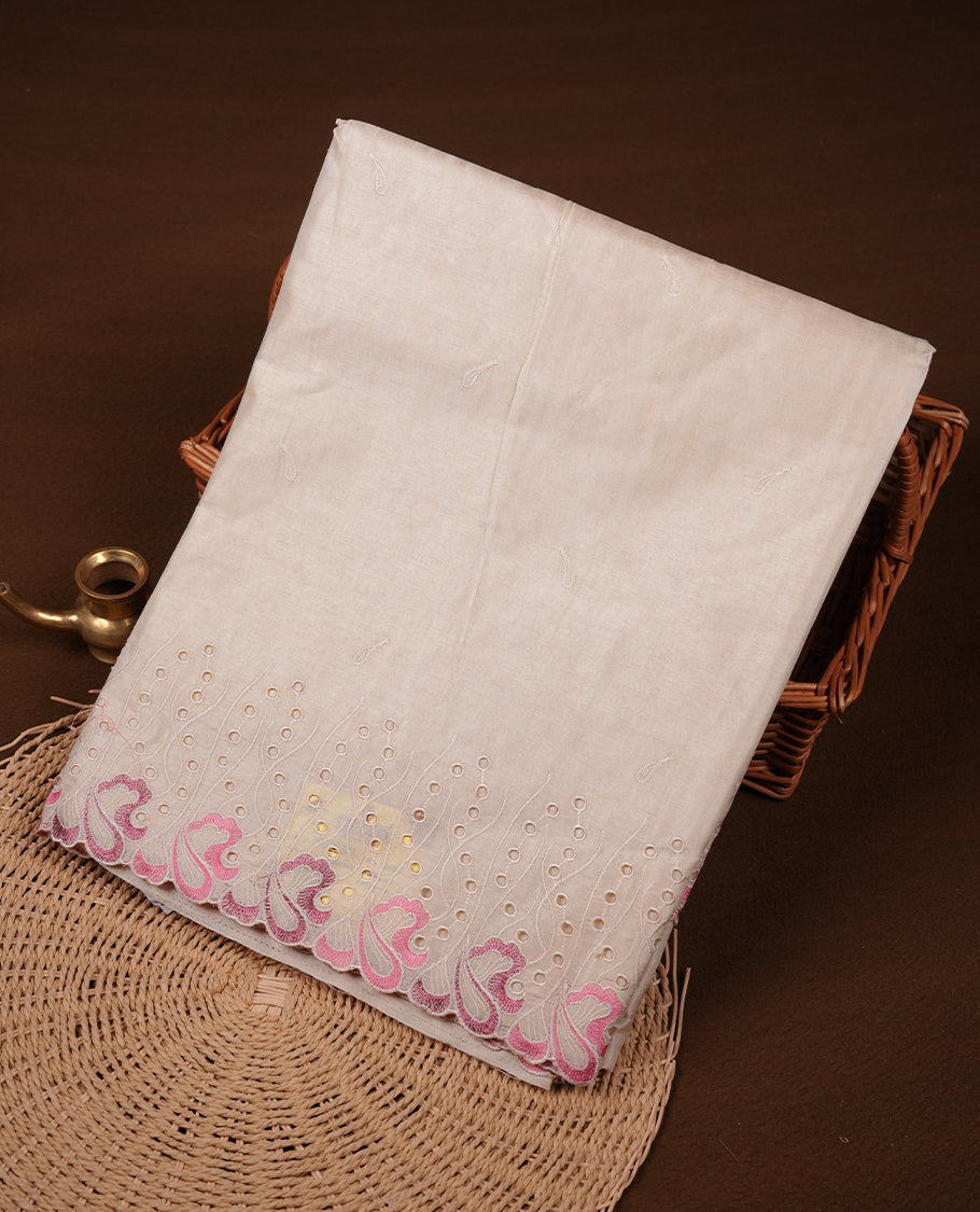 Beige colour Tussar silk saree featuring Elegant plain body, highlighting Light pink colour thread worked scalp border, pallu and paired with matching blouse piece.