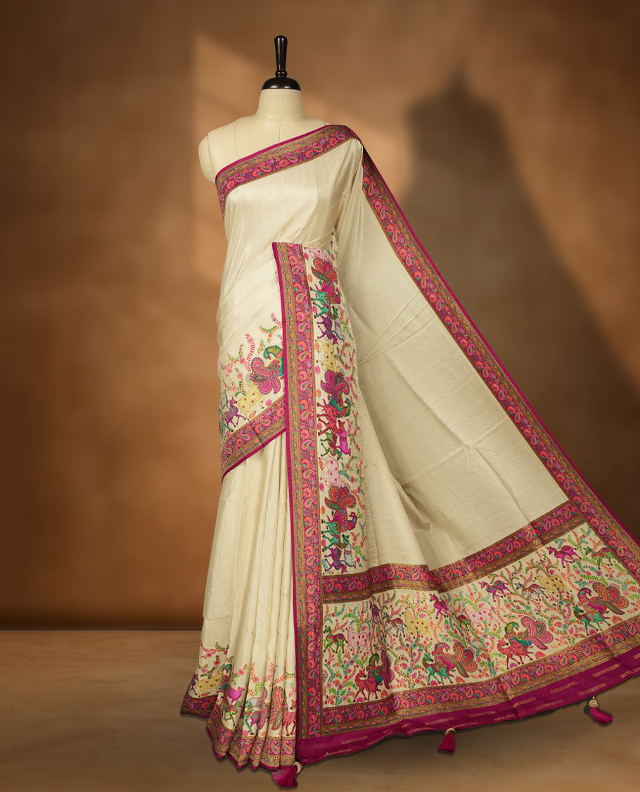 Cream Pashmina Silk Saree with Plain Body, Vibrant Multicolor Embroidered Elephant, Peacock, and Horse Motifs on Pink-Green Zari Border & Grand Pallu, Paired with Matching Blouse Piece