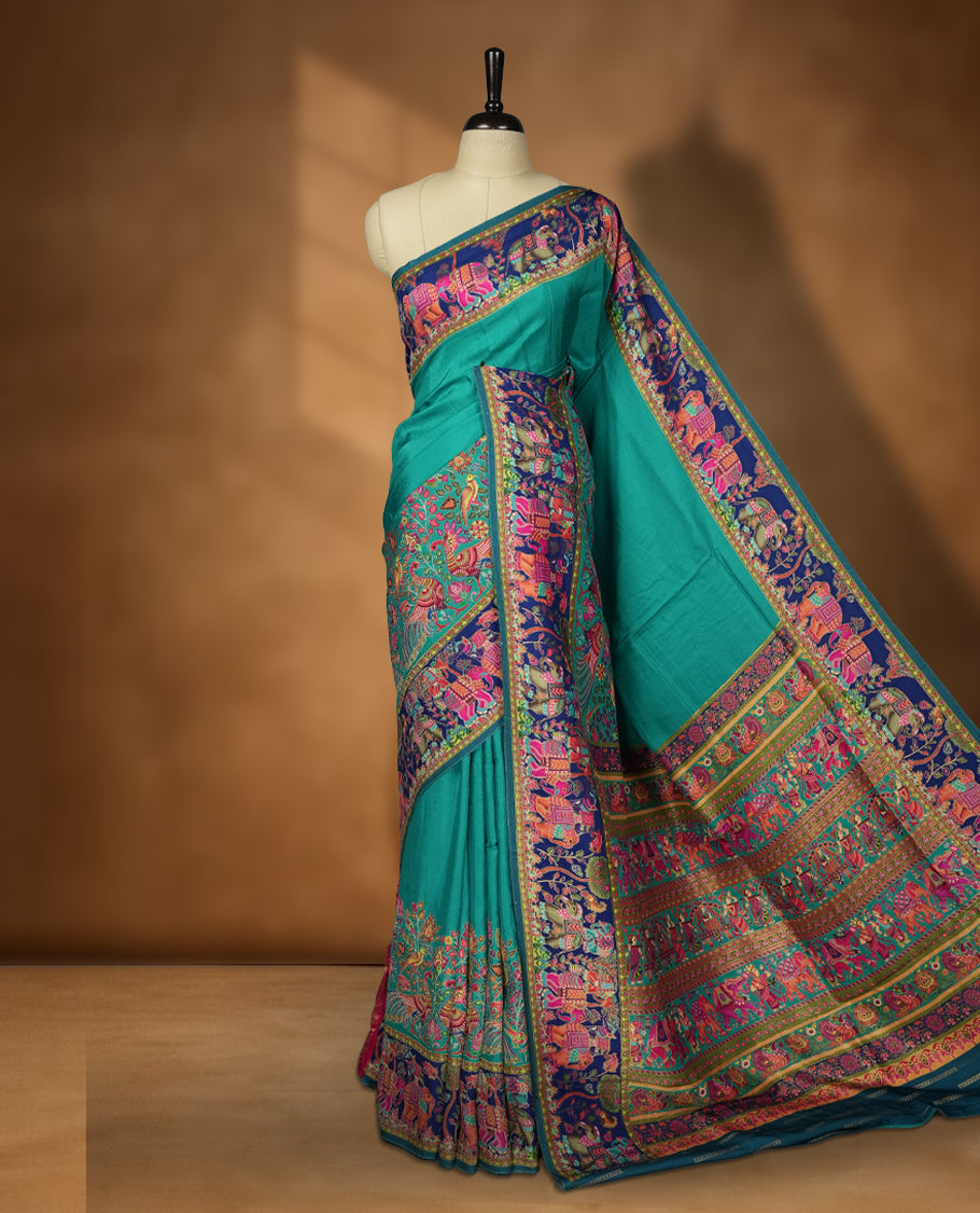 Teal Colour Pashmina Silk Saree with Vibrant Embroidered Elephants, Peacocks, and Floral Motifs, Intricate Zari Border, and Pallu paired with Matching Blouse
