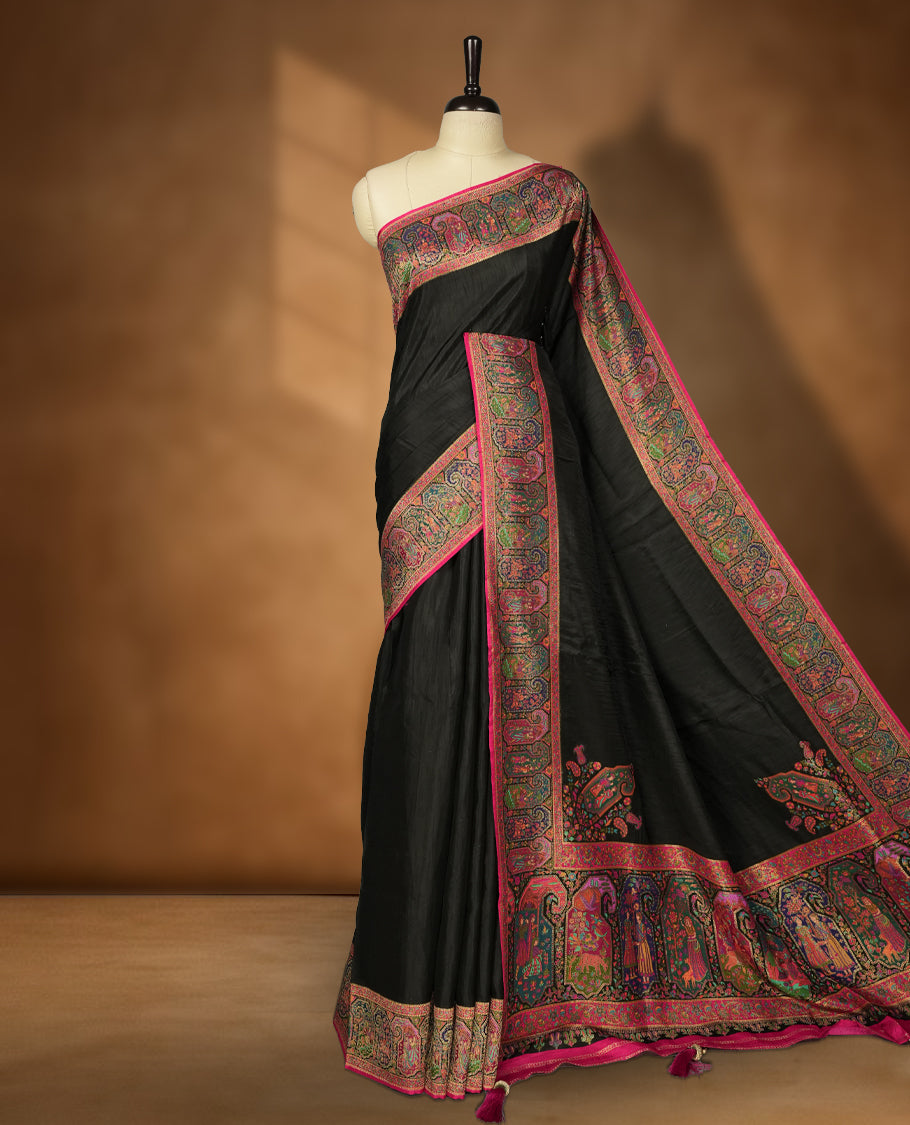 Black Pashmina Silk Saree with Plain Body, Intricate Multicolor Kashmiri-Style Embroidered Floral and Paisley Design on Contrasting Pink Zari Border & Pallu, Paired with Matching Blouse Piece