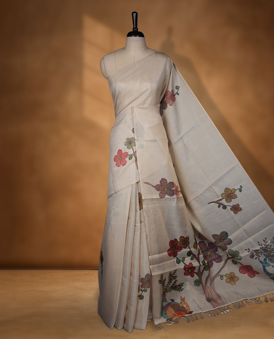 Kerala Tissue saree with floral Prints and without border with Matching Blouse