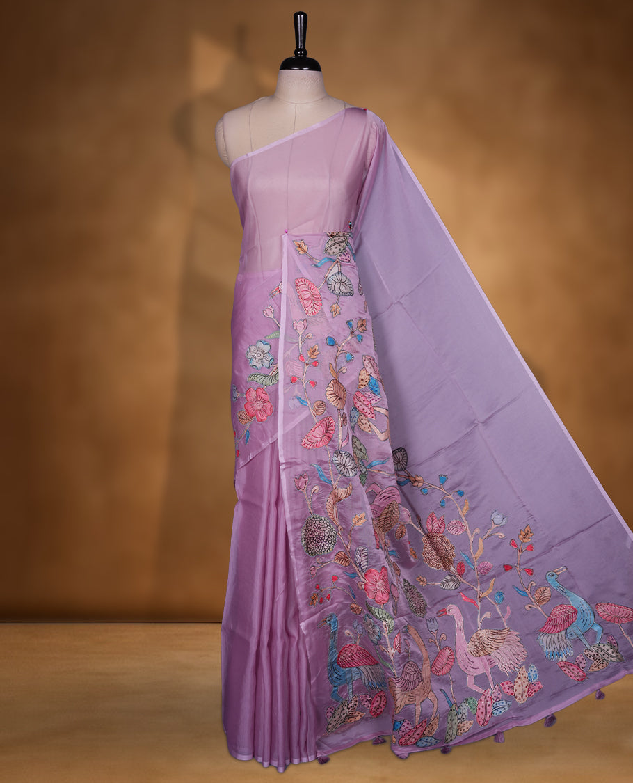 Lavender colour organza saree with multicolour thread embroidery on the pallu and fine border detailing, paired with a matching blouse. (Copy)