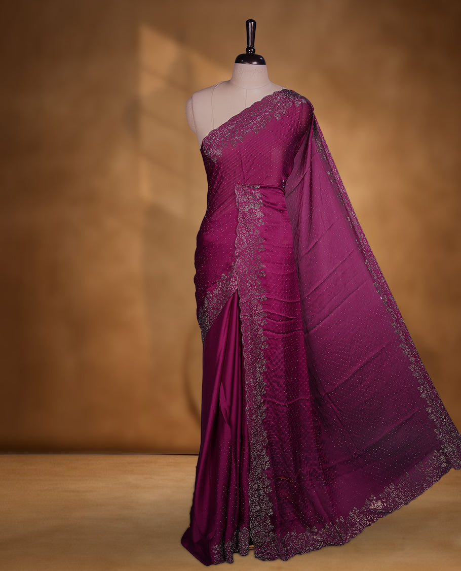 Dark Purple Colour Chiffon Designer Saree featuring Delicate White Stone Work All Over the Body, with Stone Detailing on the Border and Pallu, paired with a Matching Blouse.