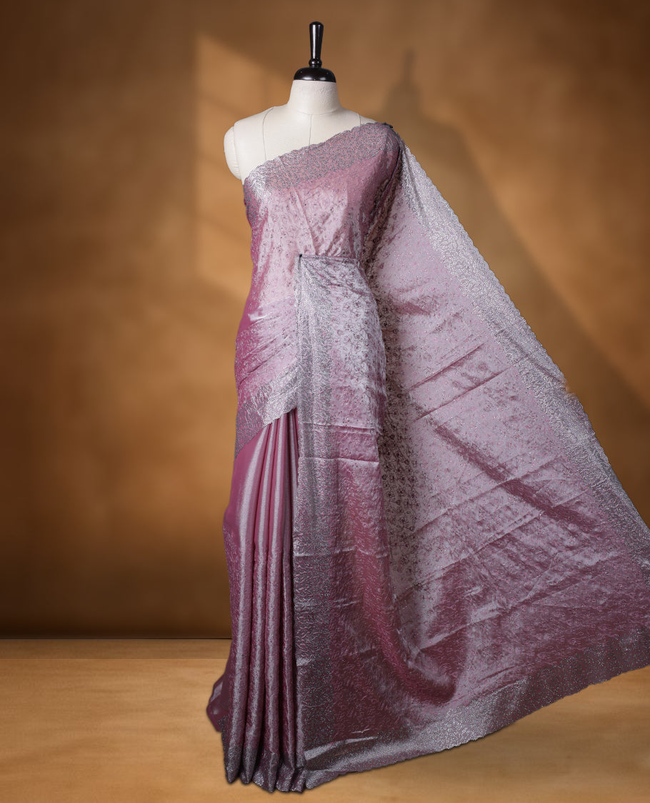 Dusty Pink colour velvet chiffon designer saree, featuring self colour thread embroidery kodi work on body, stone work and all over motifs on border and pallu, Paired with matching blouse.