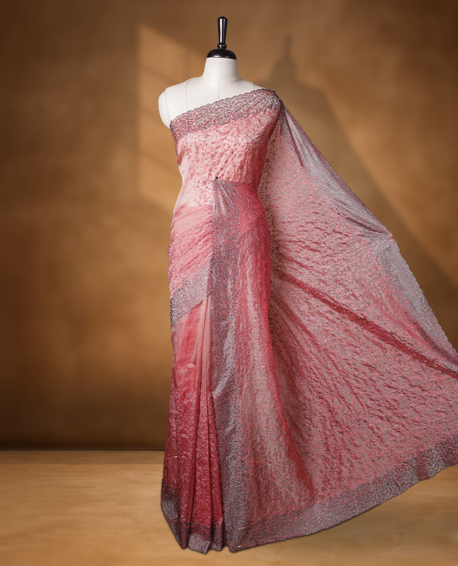 Red & orange double shade colour velvet chiffon designer saree, featuring self colour thread embroidery kodi work on body, stone work and all over motifs on border and pallu, Paired with matching blouse.