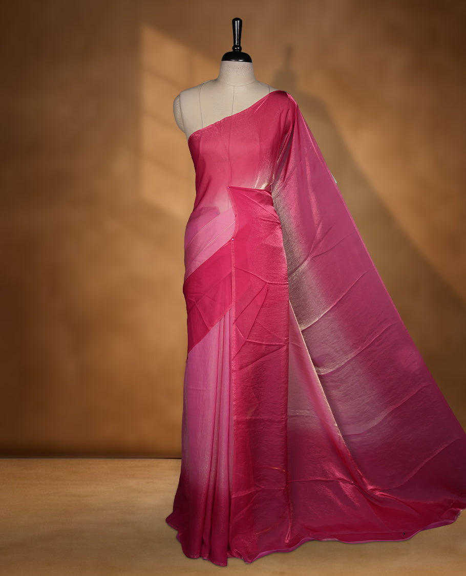 Pink Colour Soft Shine Fendy Chiffon Saree, with plain body with contrast border, without blouse.