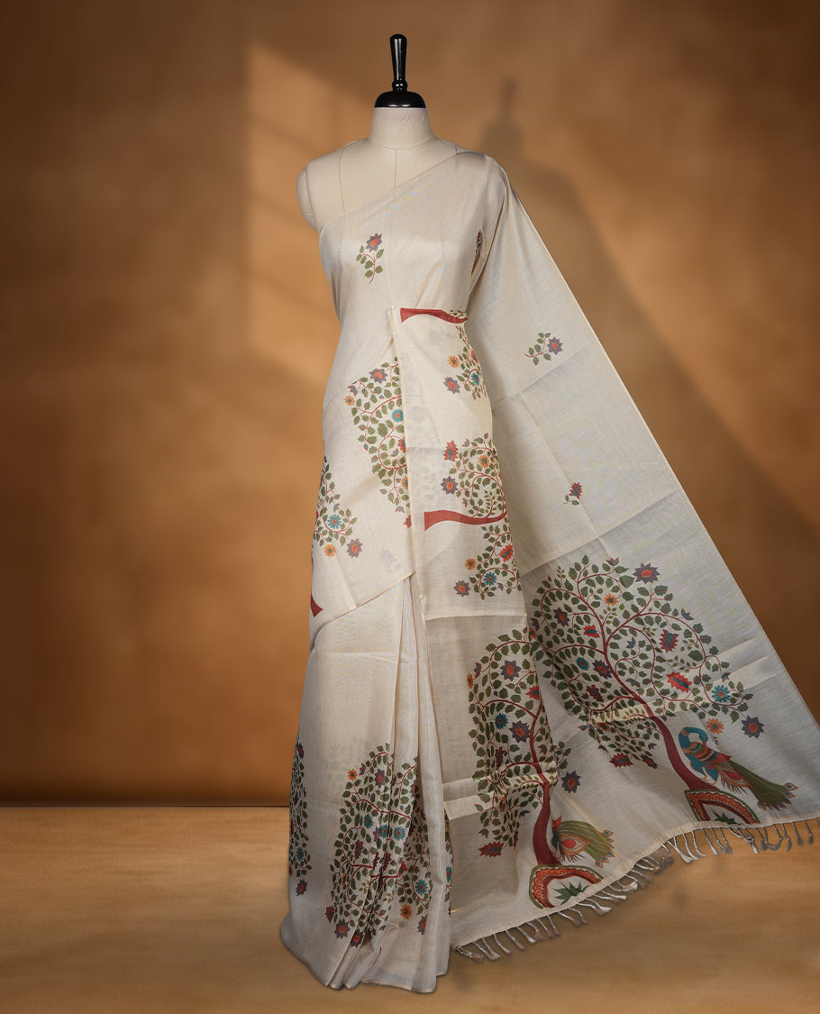 Kerala Tissue saree with Tree Prints and without border with Matching Blouse