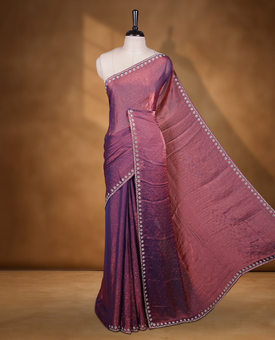 Onion and dark blue double shade colour chiffon designer saree, featuring white stone all over on body, heavy stone patttern on border and pallu, Paired with matching blouse.