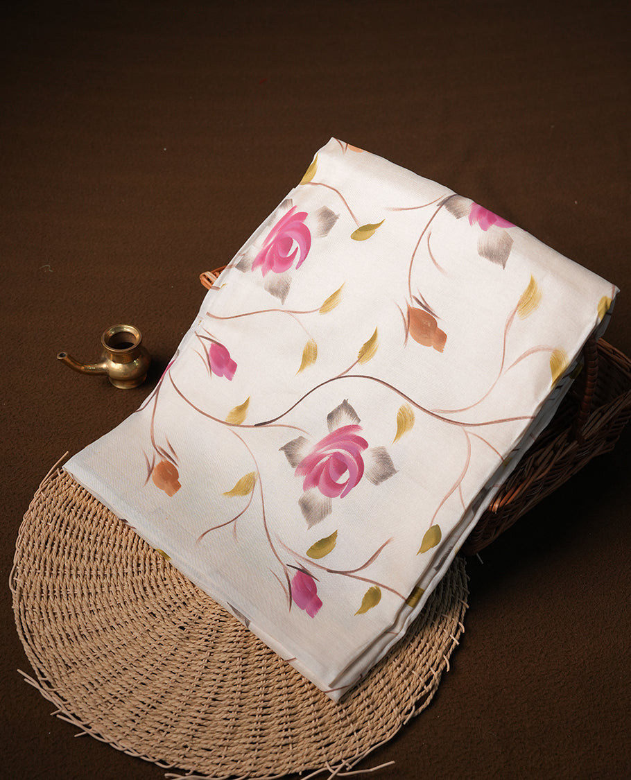 Cream colour Pure tusser silk saree featuring multicolour floral hand print designs all over body without border, pallu, paired with matching blouse piece.