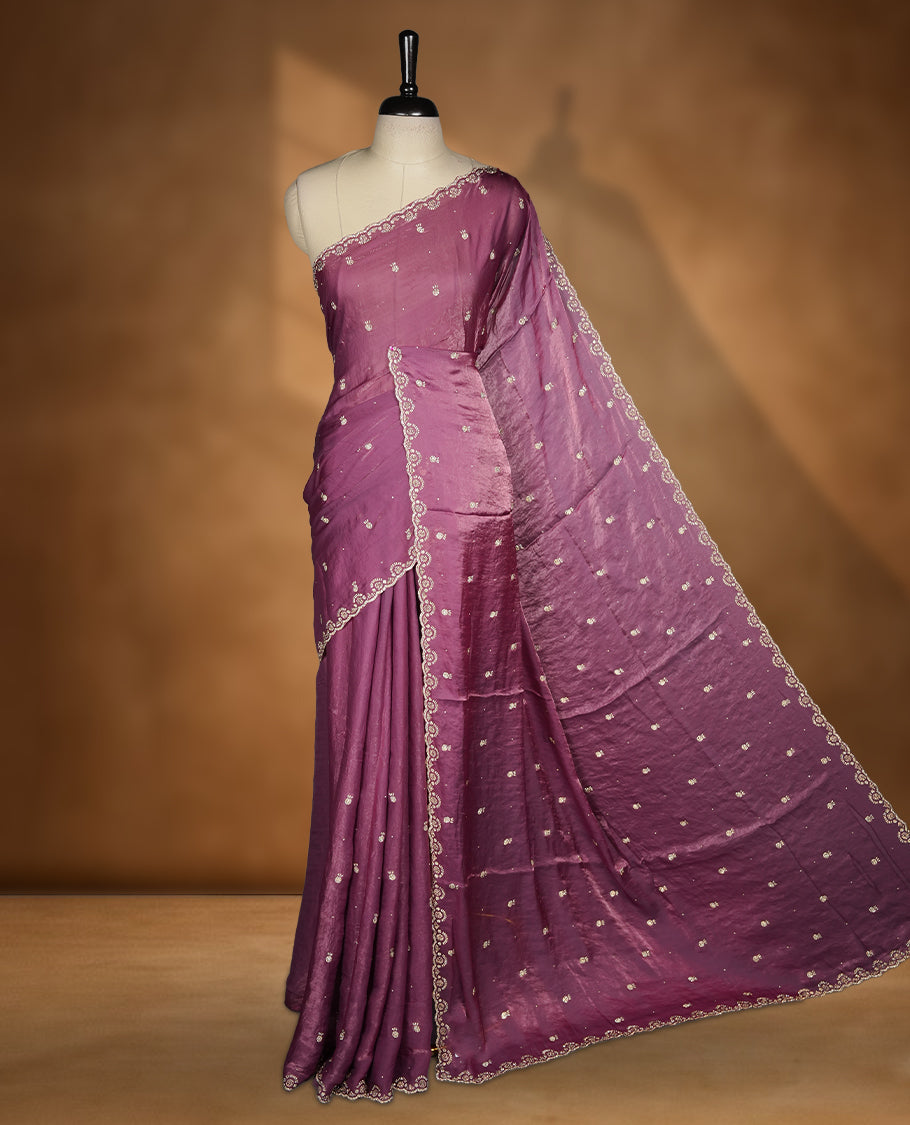 Onion Colour velvet Chiffon Designer Saree featuring Delicate White Stone motifs on Body, with Stone Detailing on the Border and Pallu, paired with a Matching Blouse.