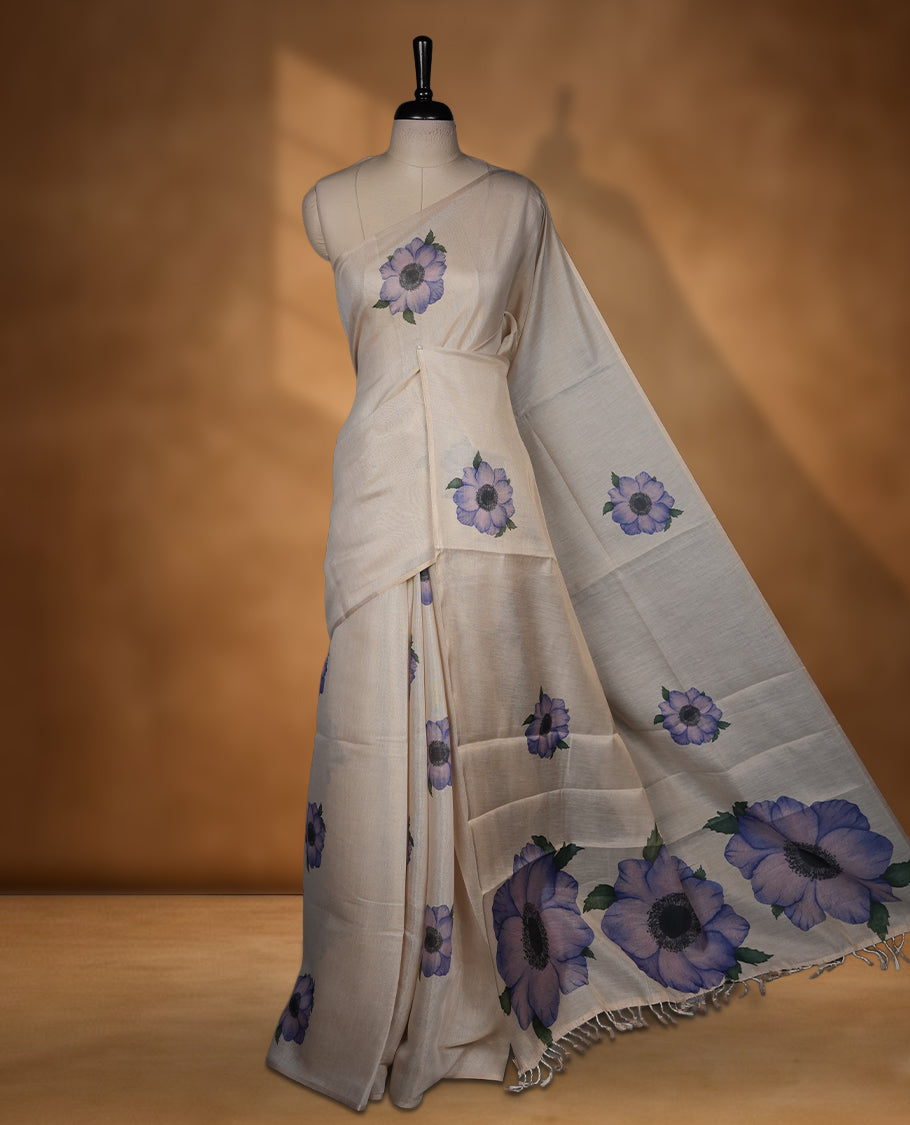 Kerala Tissue saree with Floral Prints and without border with Matching Blouse