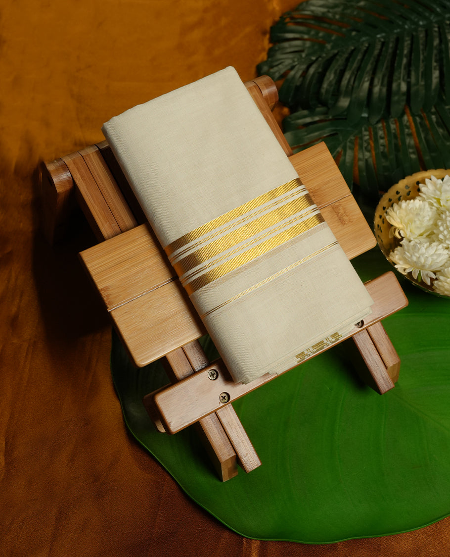 Cream Colour Pure Cotton double Dhoti with gold Colour Border for Men