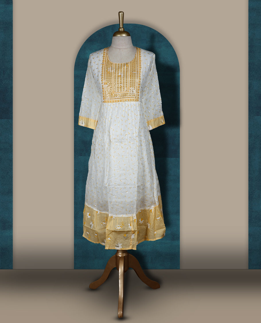 White and soft yellow kurti featuring delicate floral embroidery, a square neckline, 3/4 sleeves, and a flared hem & Perfect for casual outings or festive wear with its breezy, stylish look.