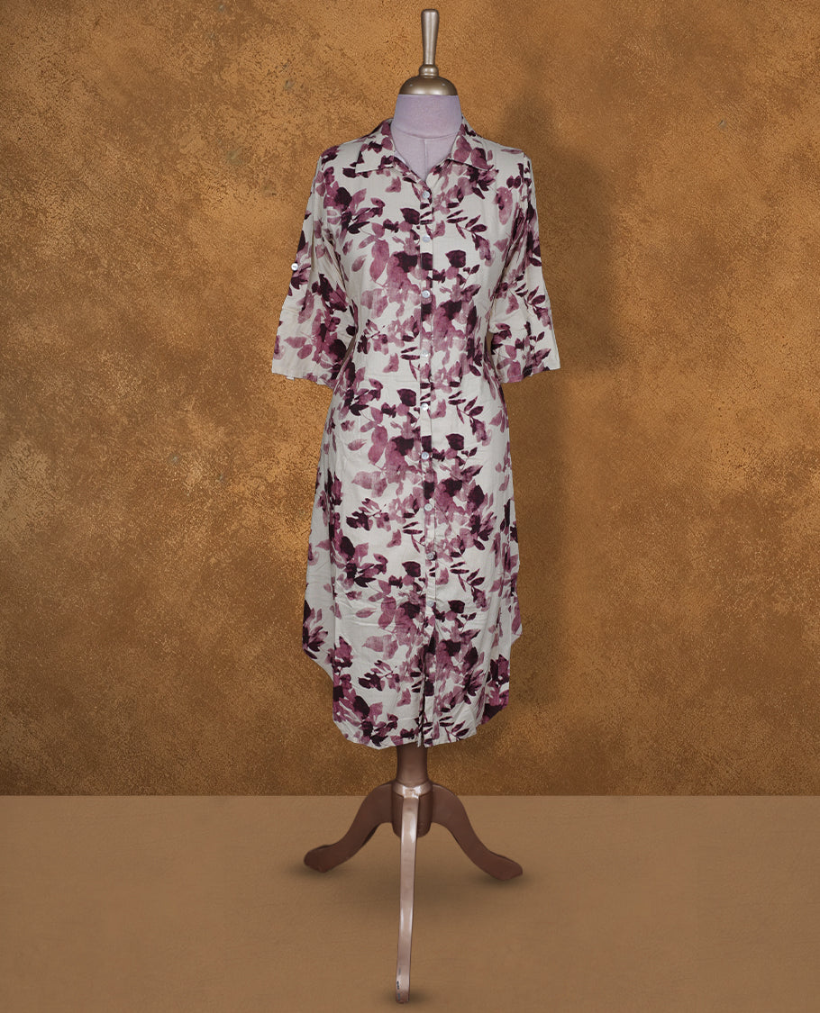Ivory colour shirt style kurti BY VISMAY with maroon floral prints, featuring a button down front, three-quarter roll up sleeves, and a curved calf length hem.