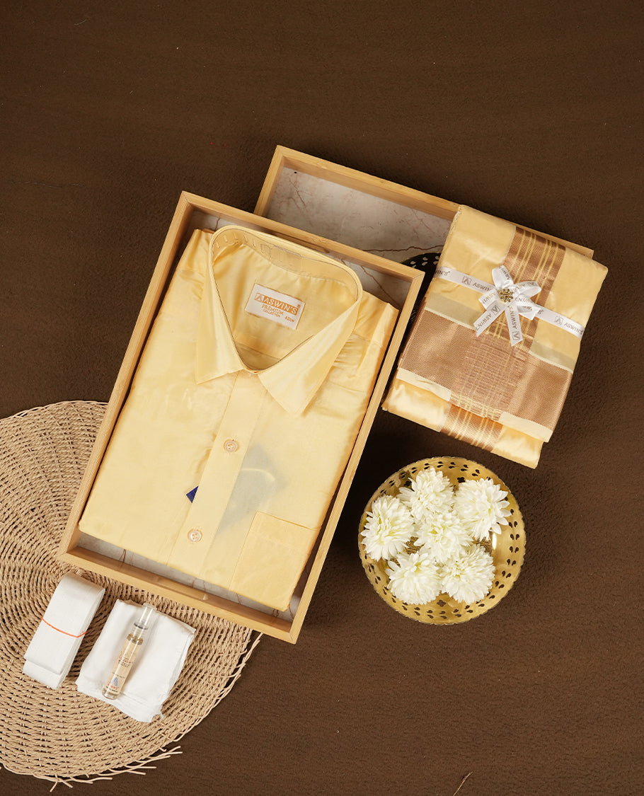 Champ colour Aswin’s wedding set featuring a refined silk shirt and matching dhoti with gold zari detailing, crafted for timeless elegance and perfect for traditional weddings and festive occasions.
