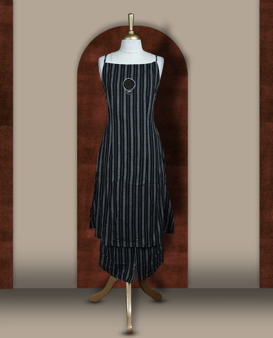 Black colour coord set featuring a sleeveless kurta with thin straps, highlighted by vertical white stripes all over the body,Elegant mirror on the neckline, paired with matching bottoms.