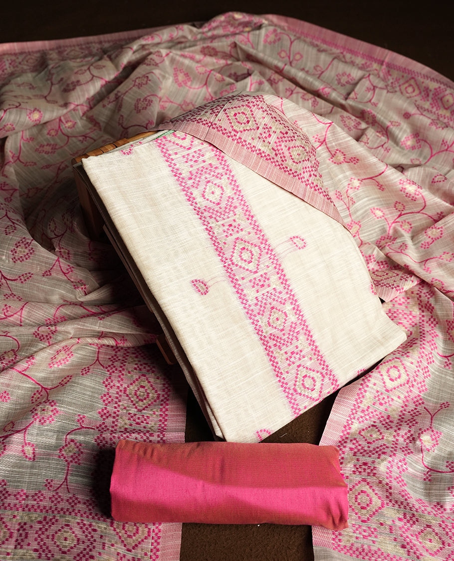 Cream colour churidhar material featuring Pink colour thread embroidery on the front panel, floral thread pattern dupatta with elegant border, and matching plain bottom.