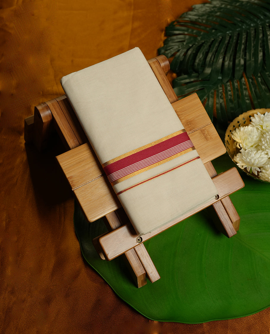 Off white Colour Pure Cotton double Dhoti with red and gold Colour Border for Men